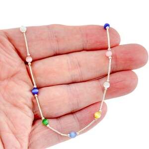 1990's Sterling Silver Multicolor Cat’s Eye Glass Bar-and-Bead Necklace 15.75 In